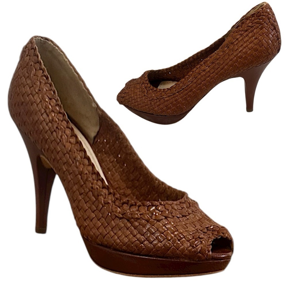 Gastone Lucioli Brown Woven Leather Peep Toe Platform Heels Italy Women’s 6.5